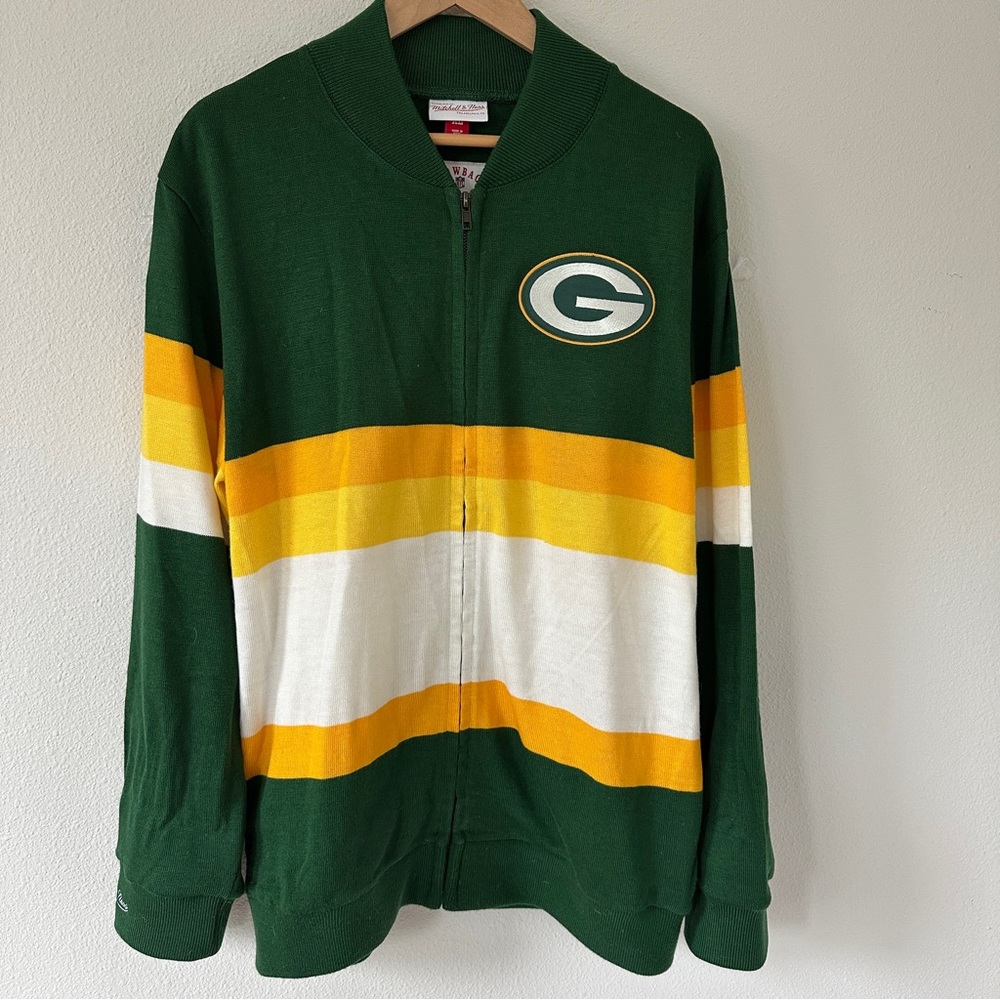 Mitchell & Ness Mens Green Bay Cardigan Sweater, Green, NWT